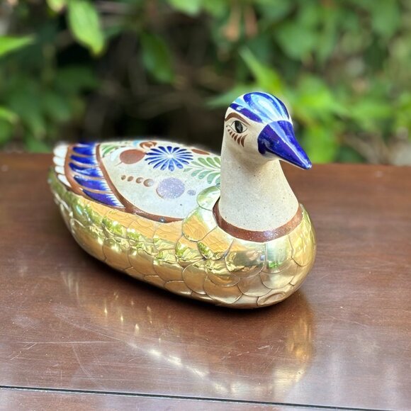 Vintage Mexican Tonala Duck Hand Painted Folk Art Bird with Solid Brass Overlay - Picture 1 of 13